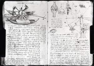 Diseño para una draga y varias máquinas hidráulicas, fol. 75v y 76r del Manuscrito de París E, 1513-14 de Leonardo da Vinci